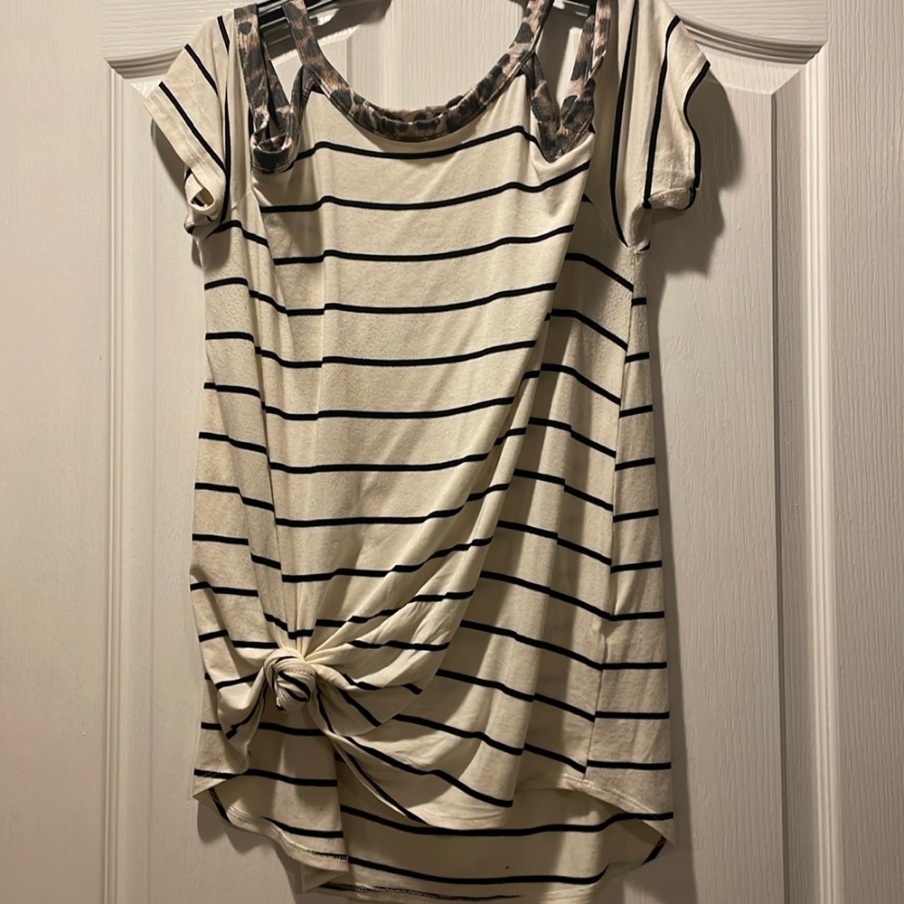 Stripe and leopard off shoulder shirt